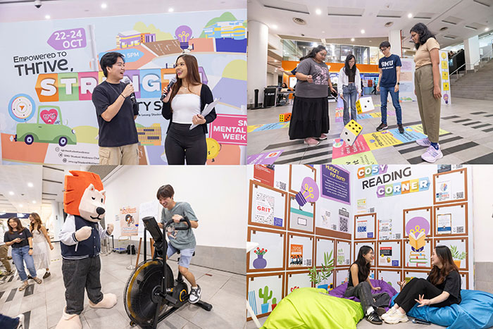 Clockwise from top-left: MHW2025 Emcees, Cosy Conversations with SMU Peer Helpers and SMUSA, Physical Resilience with Student Care and Support Services and SMU-Xploration, and Intellectual Resilience with SMU Libraries and the SMU Student Council of Discipline.