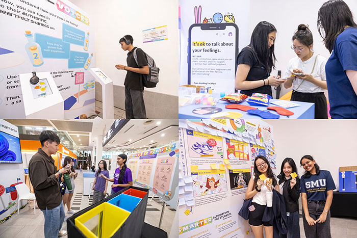 Clockwise from top-left: Social Resilience with Voices@SMU and Voices Advocates, Emotional Resilience with mindline.sg and SMU Psychology Society, Career Resilience with Student Accessibility Support, Dato’ Kho Hui Meng Career Centre, SMU Career Champions, and SMU Purple, and Financial Resilience with SMU FinLIT.